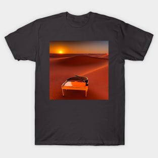 An Abstract Looking Piano Alone In The Sahara Desert At Sunrise. T-Shirt